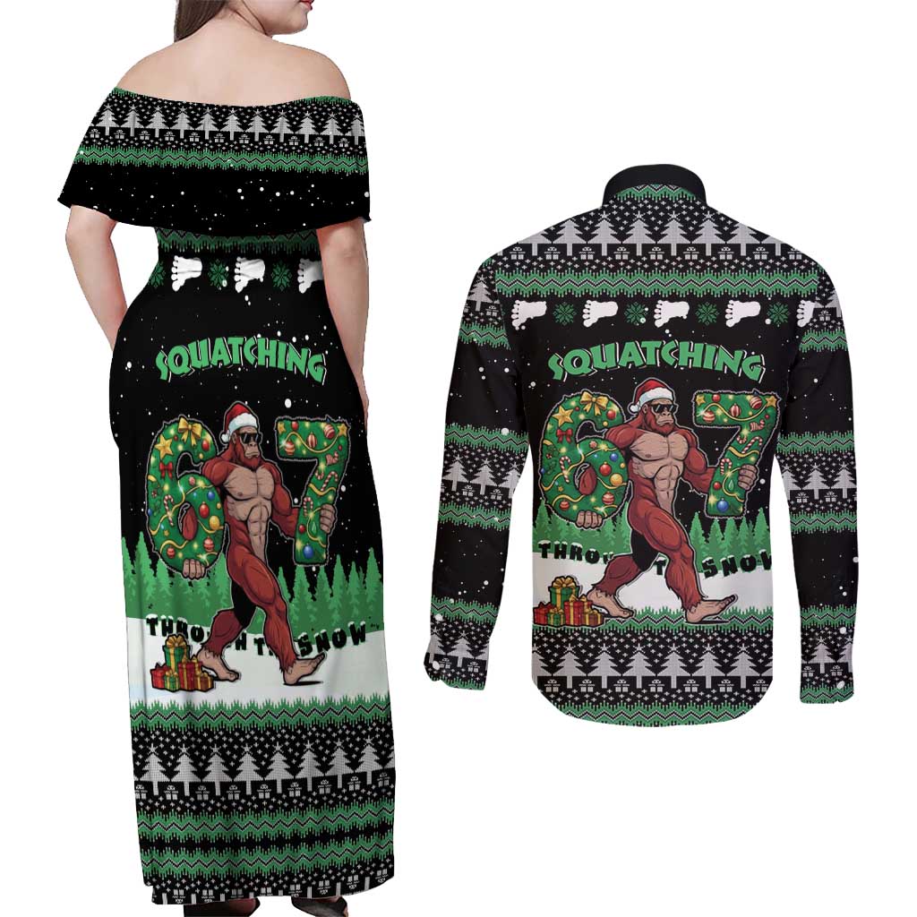 Funny Bigfoot 67 Six Seven Christmas Couples Matching Off Shoulder Maxi Dress and Long Sleeve Button Shirt Squatching Through The Snow - Wonder Print Shop
