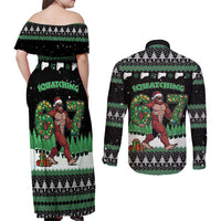 Funny Bigfoot 67 Six Seven Christmas Couples Matching Off Shoulder Maxi Dress and Long Sleeve Button Shirt Squatching Through The Snow - Wonder Print Shop