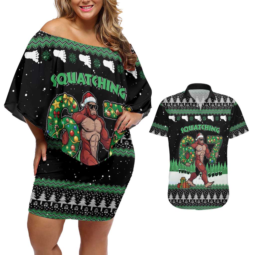Funny Bigfoot 67 Six Seven Christmas Couples Matching Off Shoulder Short Dress and Hawaiian Shirt Squatching Through The Snow - Wonder Print Shop