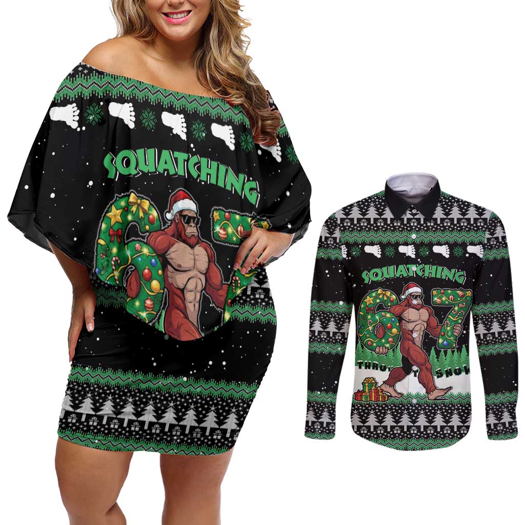 Funny Bigfoot 67 Six Seven Christmas Couples Matching Off Shoulder Short Dress and Long Sleeve Button Shirt Squatching Through The Snow - Wonder Print Shop