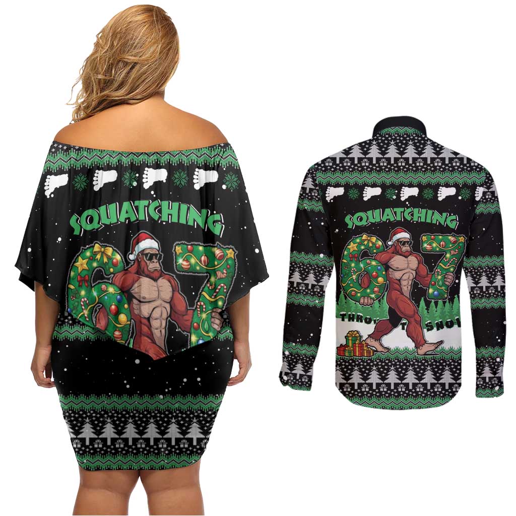 Funny Bigfoot 67 Six Seven Christmas Couples Matching Off Shoulder Short Dress and Long Sleeve Button Shirt Squatching Through The Snow - Wonder Print Shop
