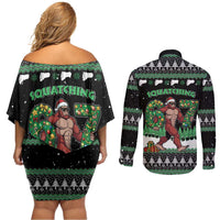 Funny Bigfoot 67 Six Seven Christmas Couples Matching Off Shoulder Short Dress and Long Sleeve Button Shirt Squatching Through The Snow - Wonder Print Shop