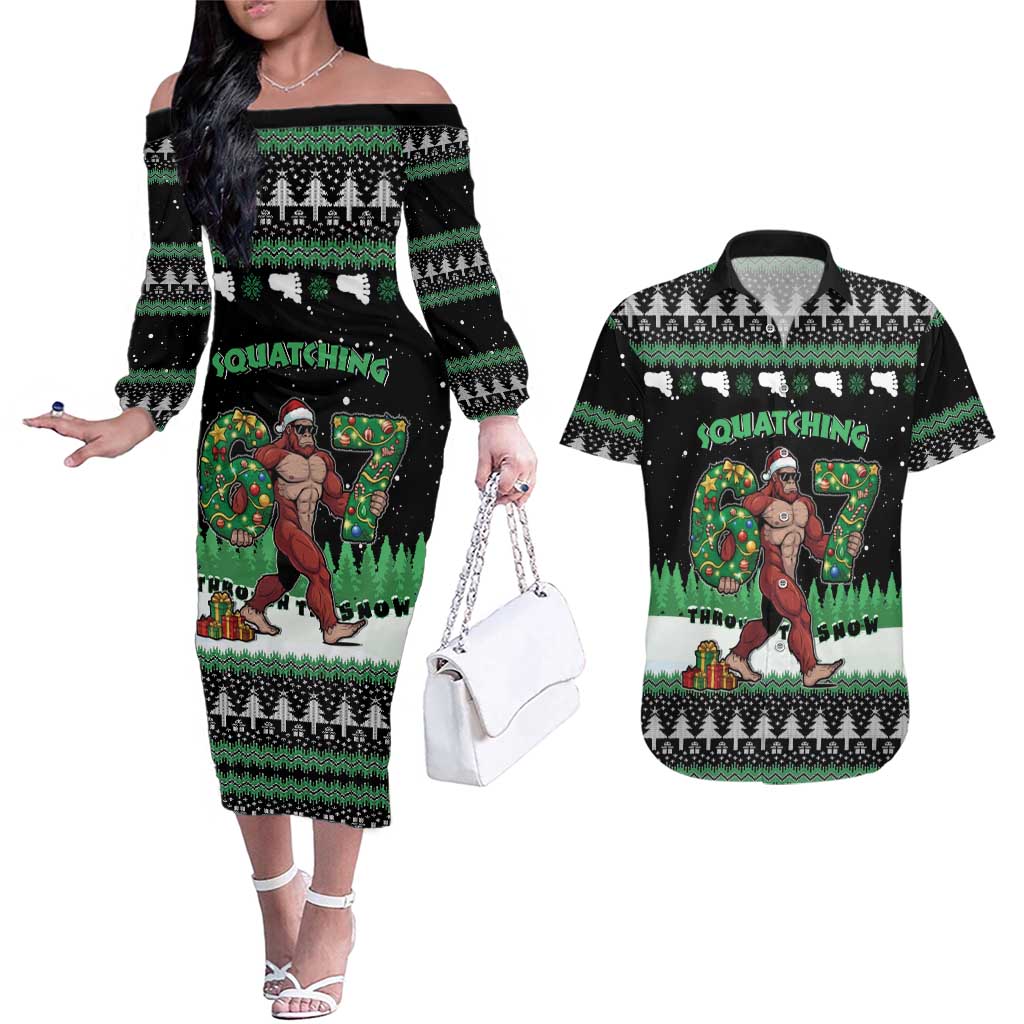 Funny Bigfoot 67 Six Seven Christmas Couples Matching Off The Shoulder Long Sleeve Dress and Hawaiian Shirt Squatching Through The Snow - Wonder Print Shop
