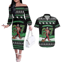 Funny Bigfoot 67 Six Seven Christmas Couples Matching Off The Shoulder Long Sleeve Dress and Hawaiian Shirt Squatching Through The Snow - Wonder Print Shop