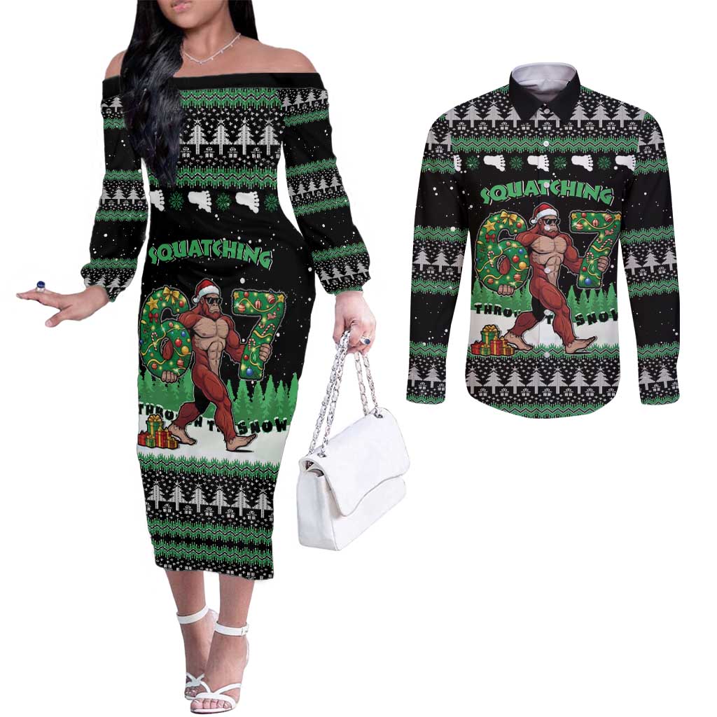 Funny Bigfoot 67 Six Seven Christmas Couples Matching Off The Shoulder Long Sleeve Dress and Long Sleeve Button Shirt Squatching Through The Snow - Wonder Print Shop