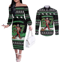 Funny Bigfoot 67 Six Seven Christmas Couples Matching Off The Shoulder Long Sleeve Dress and Long Sleeve Button Shirt Squatching Through The Snow - Wonder Print Shop