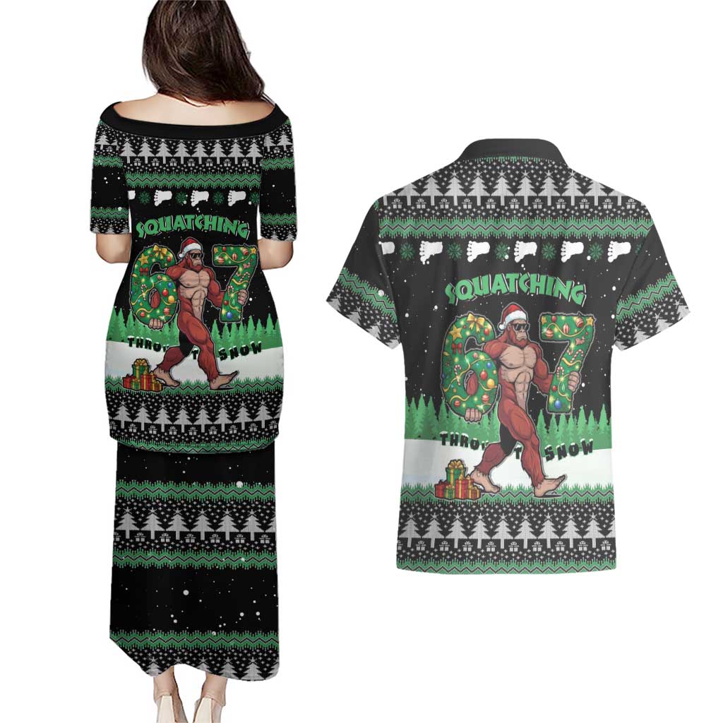 Funny Bigfoot 67 Six Seven Christmas Couples Matching Puletasi and Hawaiian Shirt Squatching Through The Snow - Wonder Print Shop