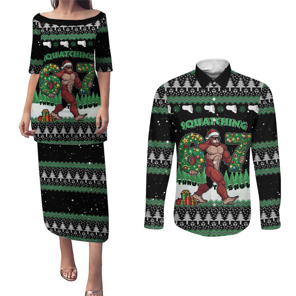 Funny Bigfoot 67 Six Seven Christmas Couples Matching Puletasi and Long Sleeve Button Shirt Squatching Through The Snow - Wonder Print Shop