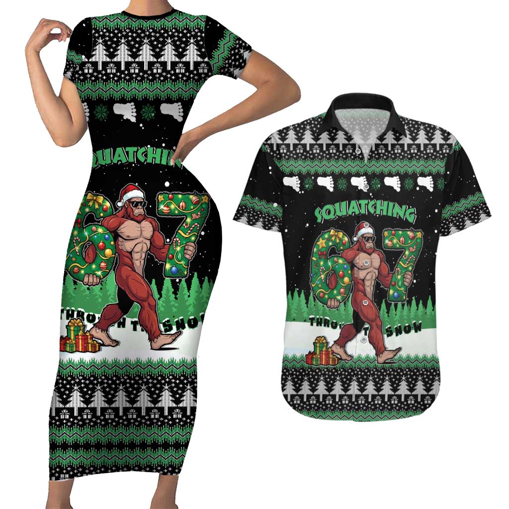Funny Bigfoot 67 Six Seven Christmas Couples Matching Short Sleeve Bodycon Dress and Hawaiian Shirt Squatching Through The Snow - Wonder Print Shop