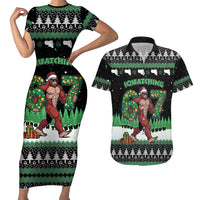 Funny Bigfoot 67 Six Seven Christmas Couples Matching Short Sleeve Bodycon Dress and Hawaiian Shirt Squatching Through The Snow - Wonder Print Shop