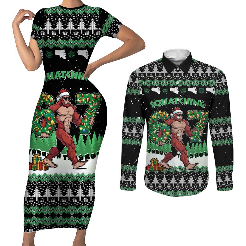 Funny Bigfoot 67 Six Seven Christmas Couples Matching Short Sleeve Bodycon Dress and Long Sleeve Button Shirt Squatching Through The Snow - Wonder Print Shop