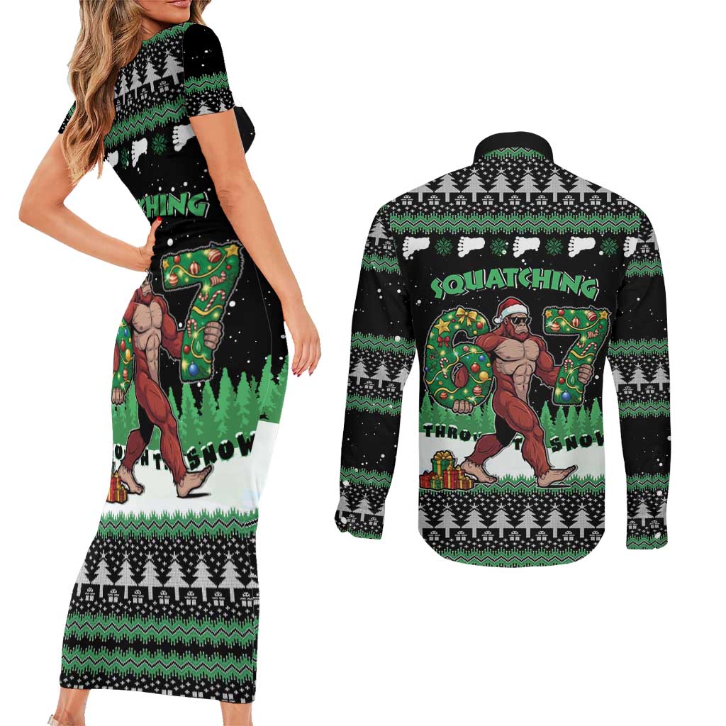 Funny Bigfoot 67 Six Seven Christmas Couples Matching Short Sleeve Bodycon Dress and Long Sleeve Button Shirt Squatching Through The Snow - Wonder Print Shop