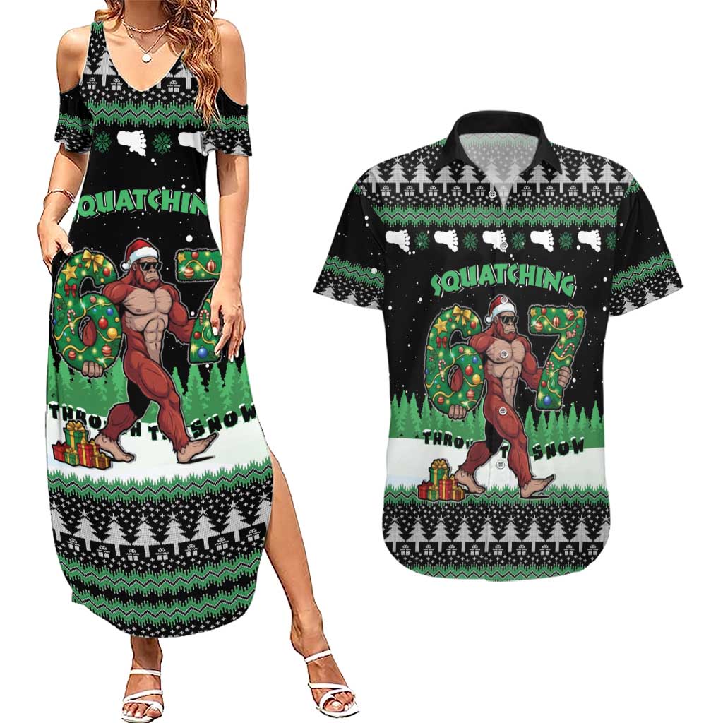 Funny Bigfoot 67 Six Seven Christmas Couples Matching Summer Maxi Dress and Hawaiian Shirt Squatching Through The Snow - Wonder Print Shop