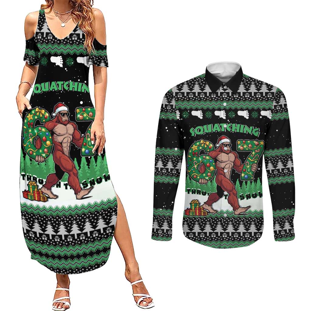Funny Bigfoot 67 Six Seven Christmas Couples Matching Summer Maxi Dress and Long Sleeve Button Shirt Squatching Through The Snow - Wonder Print Shop