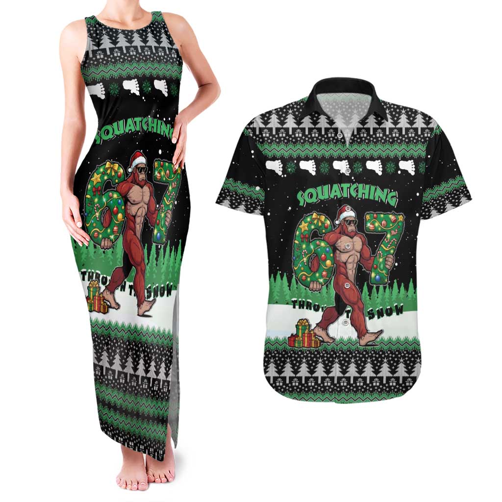 Funny Bigfoot 67 Six Seven Christmas Couples Matching Tank Maxi Dress and Hawaiian Shirt Squatching Through The Snow - Wonder Print Shop