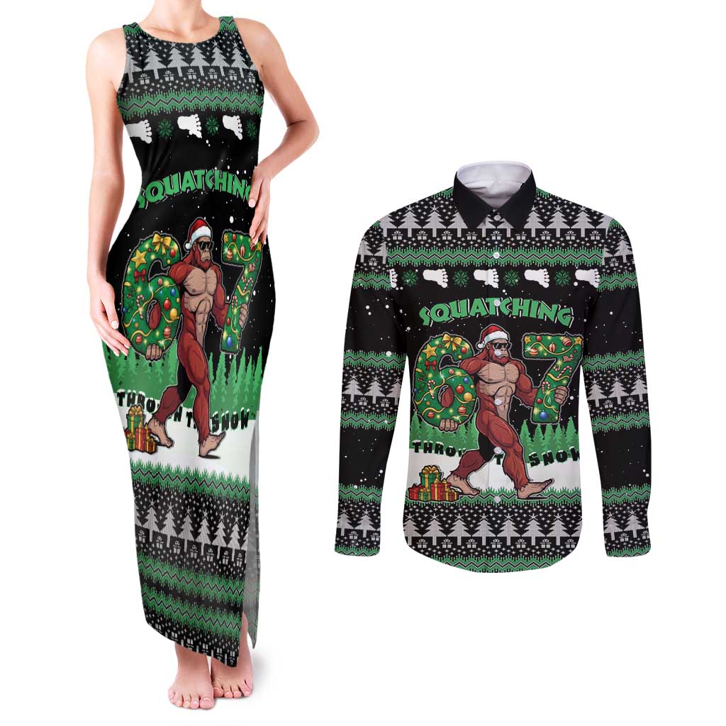 Funny Bigfoot 67 Six Seven Christmas Couples Matching Tank Maxi Dress and Long Sleeve Button Shirt Squatching Through The Snow - Wonder Print Shop