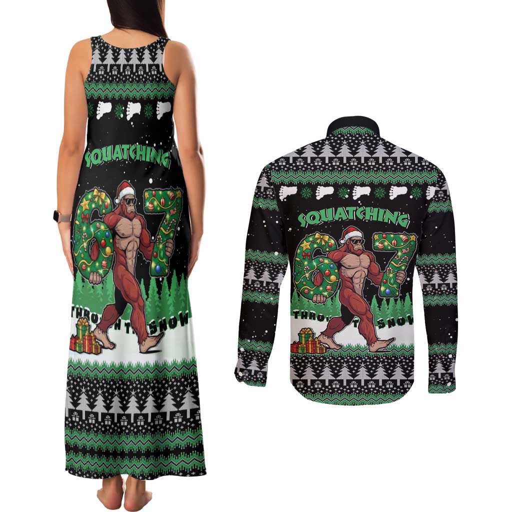 Funny Bigfoot 67 Six Seven Christmas Couples Matching Tank Maxi Dress and Long Sleeve Button Shirt Squatching Through The Snow - Wonder Print Shop