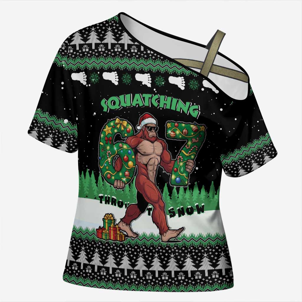 Funny Bigfoot 67 Six Seven Christmas Cross Shoulder Shirt Squatching Through The Snow - Wonder Print Shop