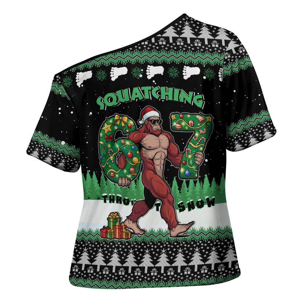 Funny Bigfoot 67 Six Seven Christmas Cross Shoulder Shirt Squatching Through The Snow - Wonder Print Shop