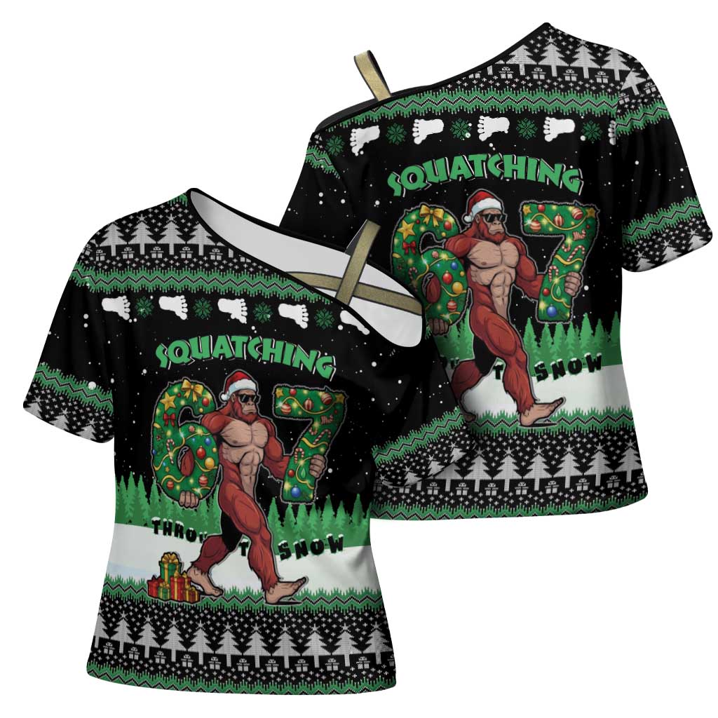 Funny Bigfoot 67 Six Seven Christmas Cross Shoulder Shirt Squatching Through The Snow - Wonder Print Shop