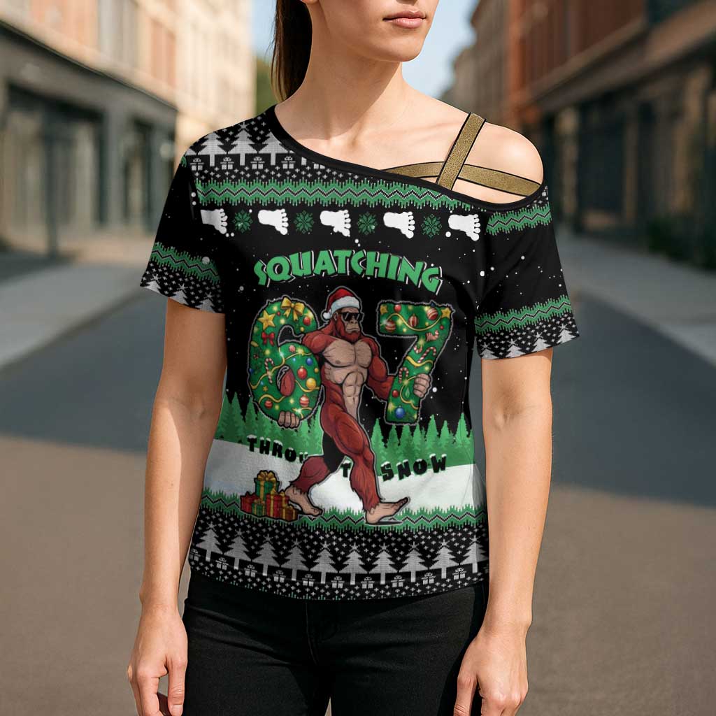 Funny Bigfoot 67 Six Seven Christmas Cross Shoulder Shirt Squatching Through The Snow - Wonder Print Shop