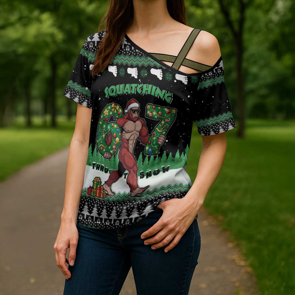 Funny Bigfoot 67 Six Seven Christmas Cross Shoulder Shirt Squatching Through The Snow - Wonder Print Shop