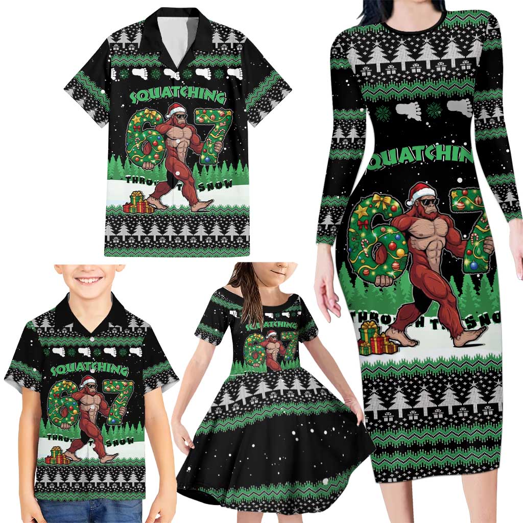 Funny Bigfoot 67 Six Seven Christmas Family Matching Long Sleeve Bodycon Dress and Hawaiian Shirt Squatching Through The Snow - Wonder Print Shop