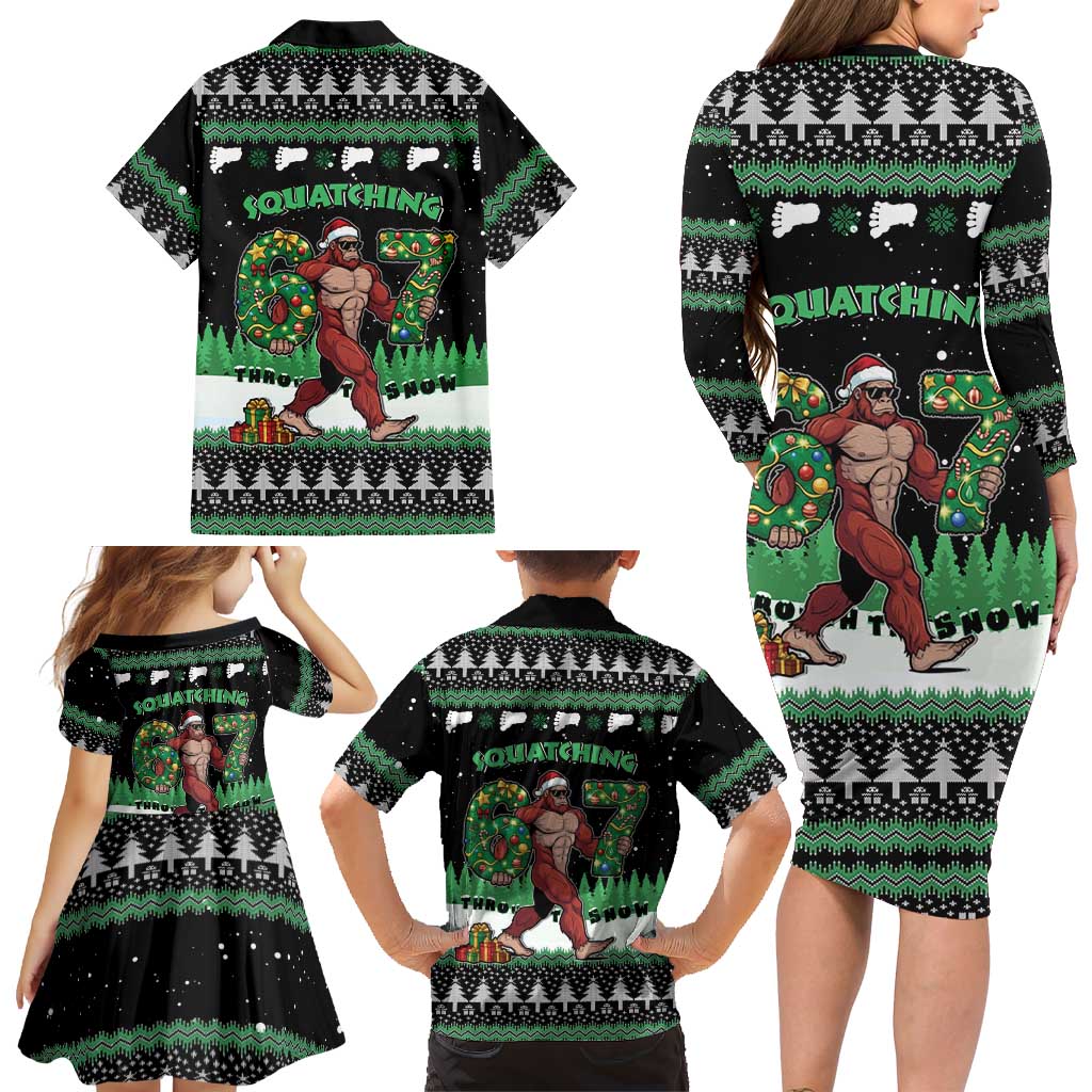 Funny Bigfoot 67 Six Seven Christmas Family Matching Long Sleeve Bodycon Dress and Hawaiian Shirt Squatching Through The Snow - Wonder Print Shop