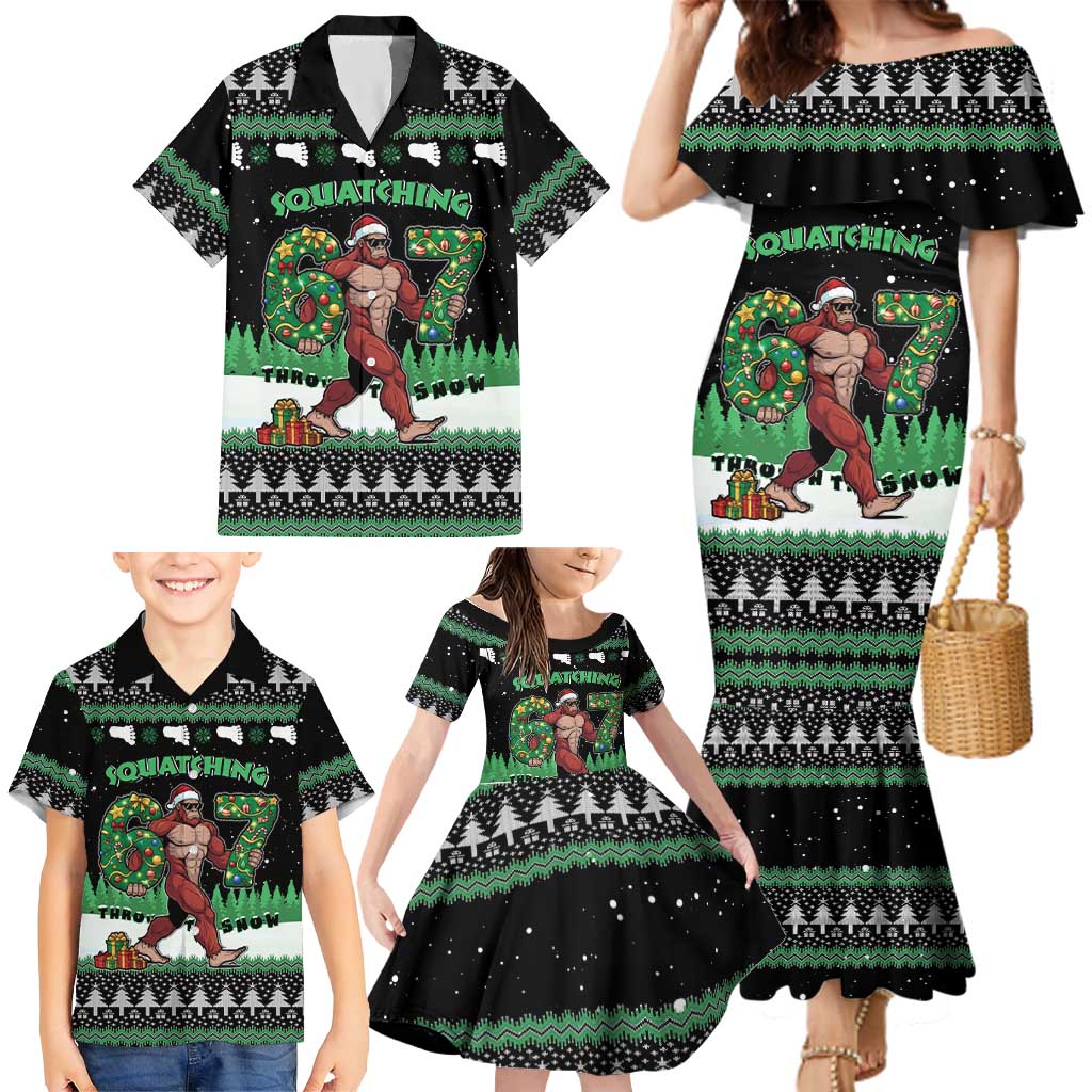 Funny Bigfoot 67 Six Seven Christmas Family Matching Mermaid Dress and Hawaiian Shirt Squatching Through The Snow - Wonder Print Shop