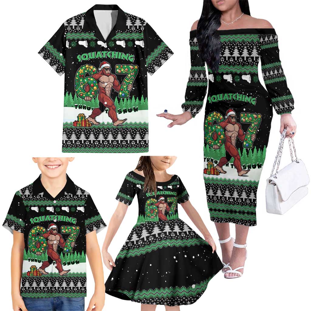 Funny Bigfoot 67 Six Seven Christmas Family Matching Off The Shoulder Long Sleeve Dress and Hawaiian Shirt Squatching Through The Snow - Wonder Print Shop