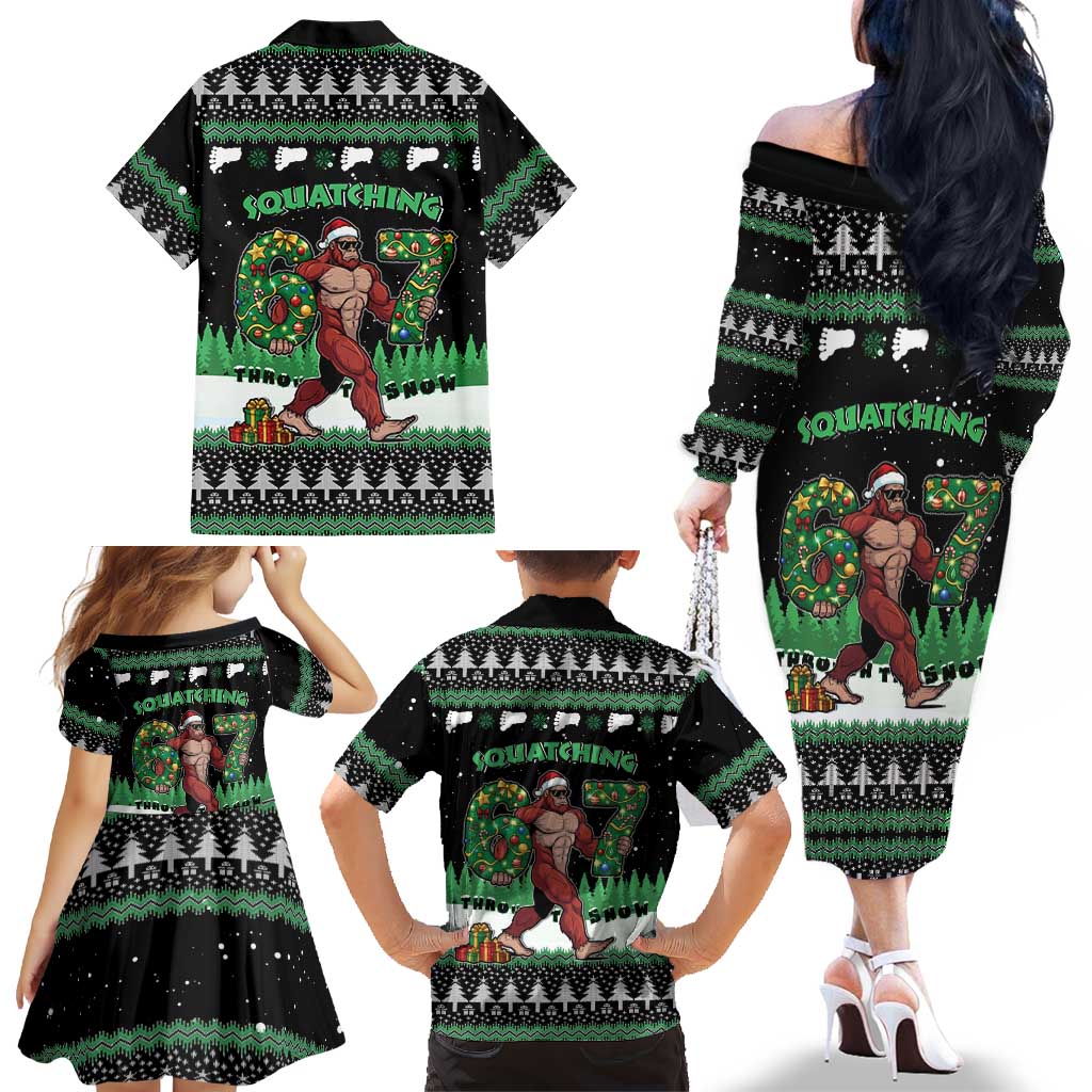 Funny Bigfoot 67 Six Seven Christmas Family Matching Off The Shoulder Long Sleeve Dress and Hawaiian Shirt Squatching Through The Snow - Wonder Print Shop