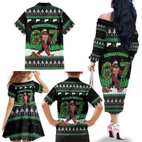 Funny Bigfoot 67 Six Seven Christmas Family Matching Off The Shoulder Long Sleeve Dress and Hawaiian Shirt Squatching Through The Snow - Wonder Print Shop