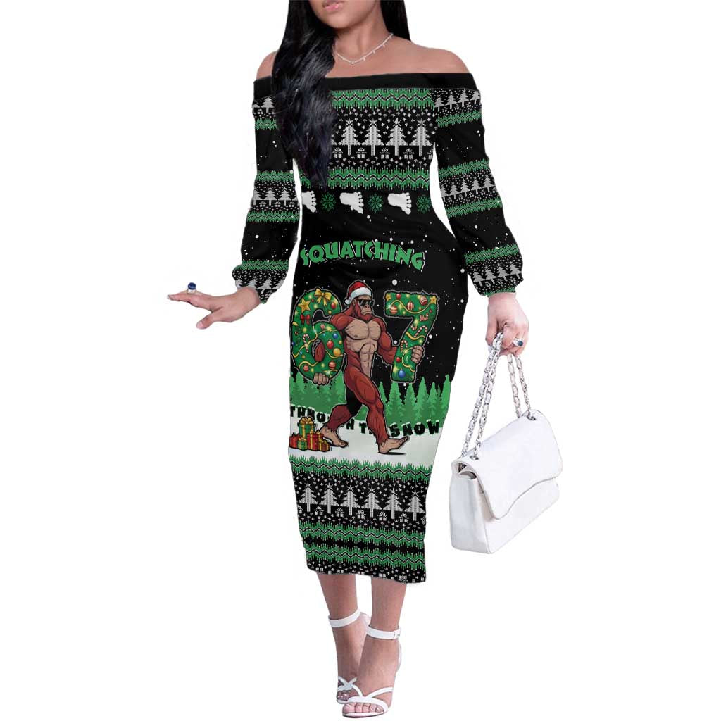 Funny Bigfoot 67 Six Seven Christmas Family Matching Off The Shoulder Long Sleeve Dress and Hawaiian Shirt Squatching Through The Snow - Wonder Print Shop