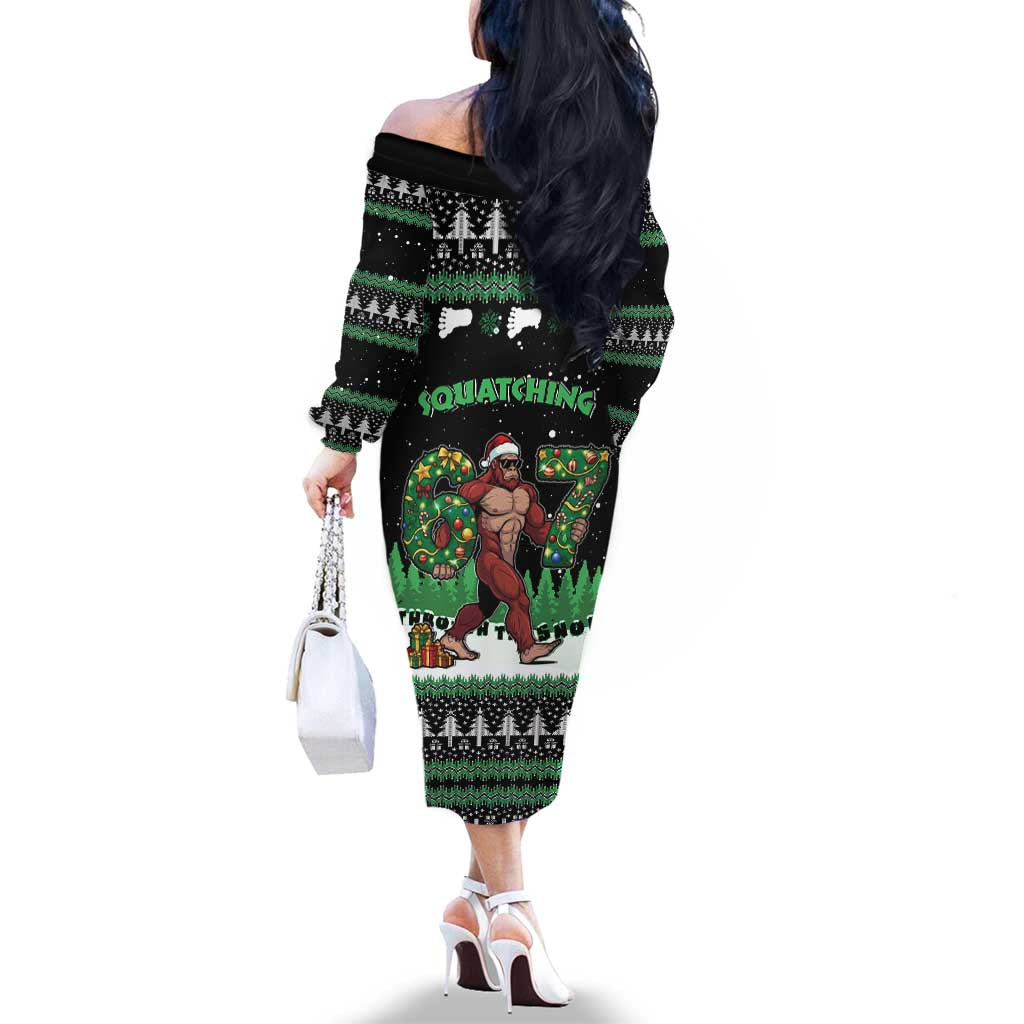 Funny Bigfoot 67 Six Seven Christmas Family Matching Off The Shoulder Long Sleeve Dress and Hawaiian Shirt Squatching Through The Snow - Wonder Print Shop