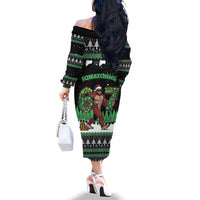 Funny Bigfoot 67 Six Seven Christmas Family Matching Off The Shoulder Long Sleeve Dress and Hawaiian Shirt Squatching Through The Snow - Wonder Print Shop