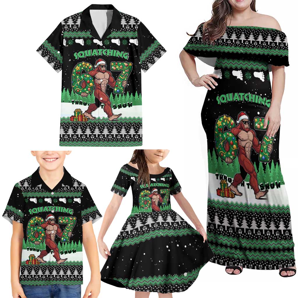 Funny Bigfoot 67 Six Seven Christmas Family Matching Off Shoulder Maxi Dress and Hawaiian Shirt Squatching Through The Snow - Wonder Print Shop