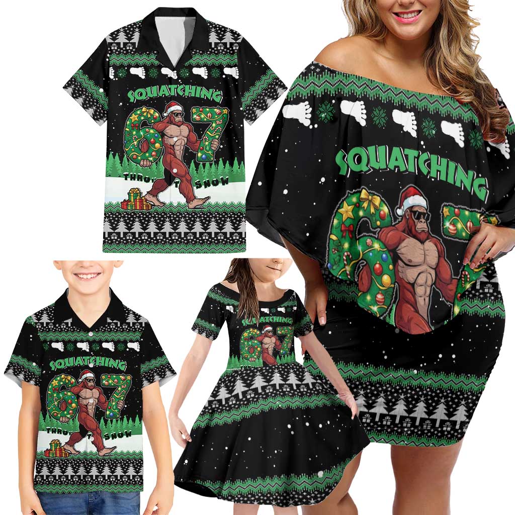 Funny Bigfoot 67 Six Seven Christmas Family Matching Off Shoulder Short Dress and Hawaiian Shirt Squatching Through The Snow - Wonder Print Shop