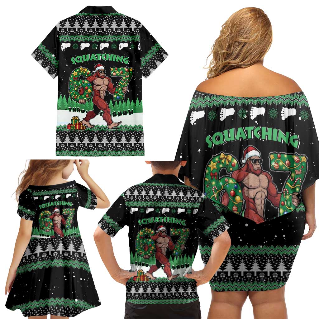 Funny Bigfoot 67 Six Seven Christmas Family Matching Off Shoulder Short Dress and Hawaiian Shirt Squatching Through The Snow - Wonder Print Shop