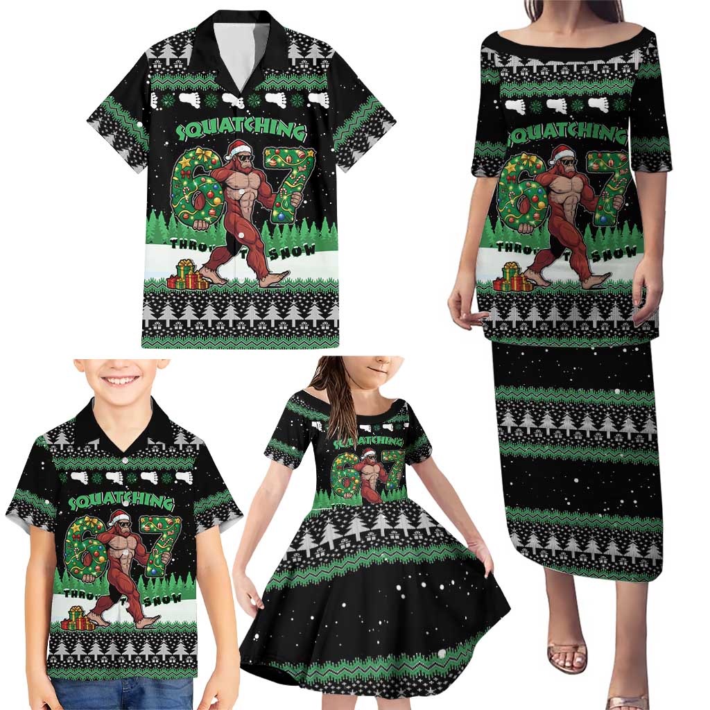 Funny Bigfoot 67 Six Seven Christmas Family Matching Puletasi and Hawaiian Shirt Squatching Through The Snow - Wonder Print Shop