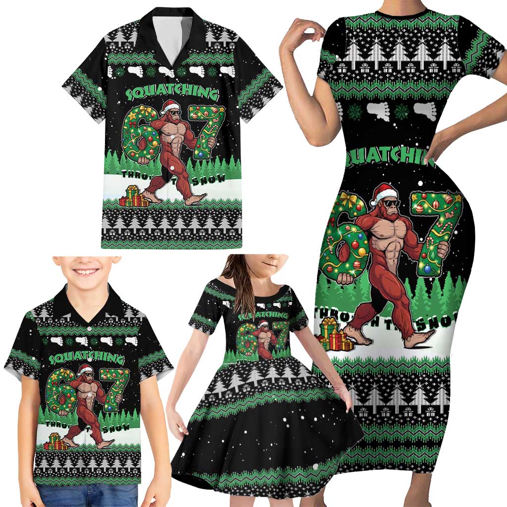 Funny Bigfoot 67 Six Seven Christmas Family Matching Short Sleeve Bodycon Dress and Hawaiian Shirt Squatching Through The Snow - Wonder Print Shop