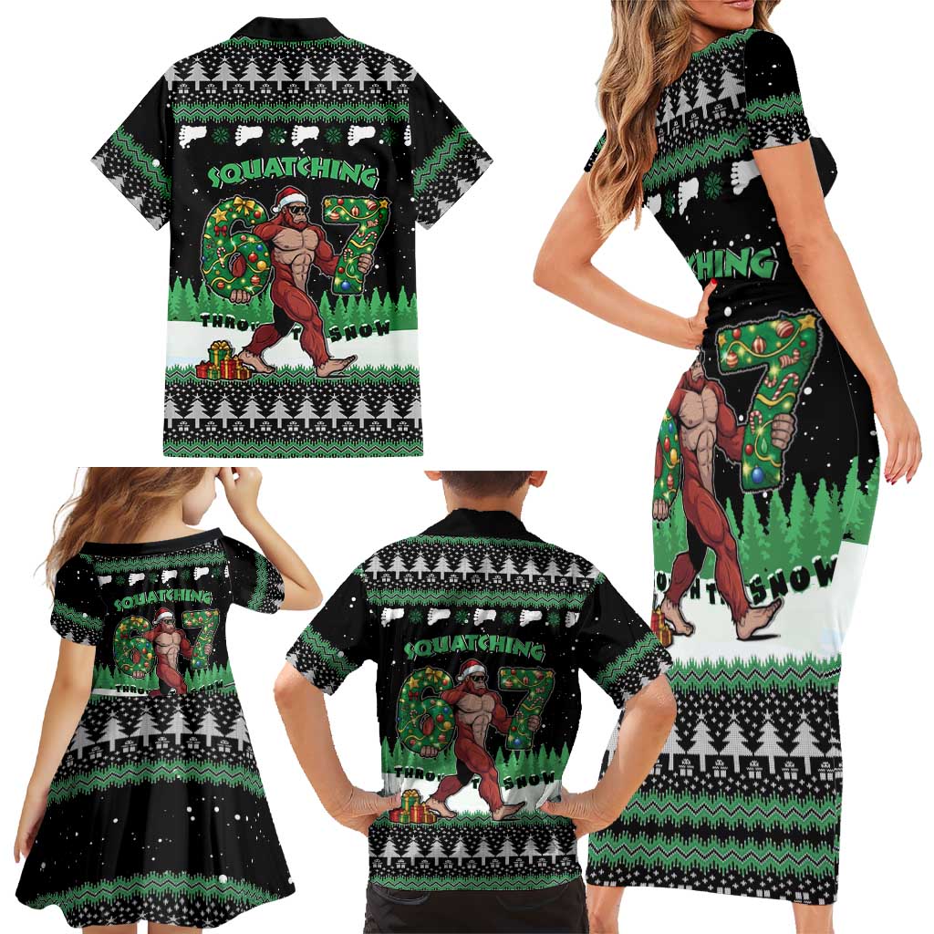 Funny Bigfoot 67 Six Seven Christmas Family Matching Short Sleeve Bodycon Dress and Hawaiian Shirt Squatching Through The Snow - Wonder Print Shop