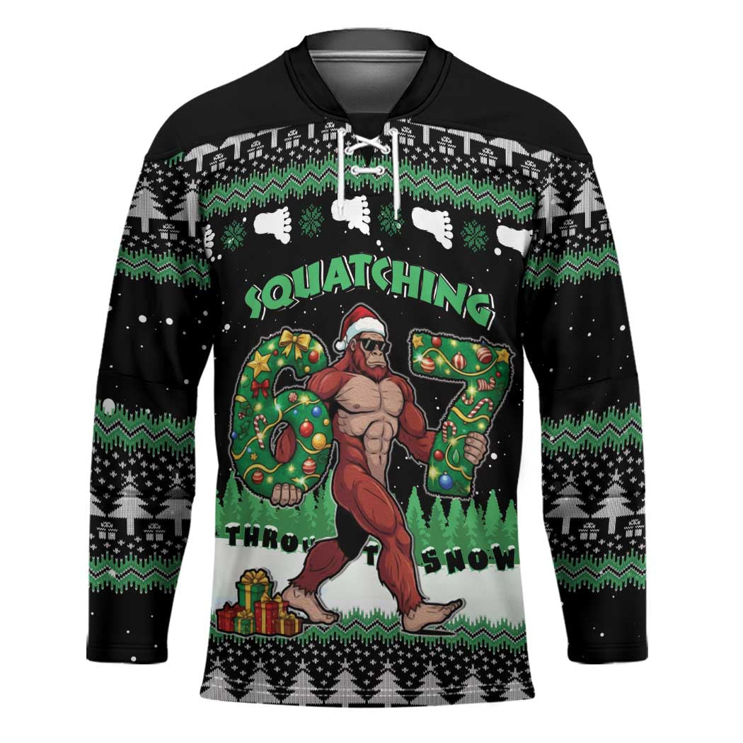 Funny Bigfoot 67 Six Seven Christmas Hockey Jersey Squatching Through The Snow - Wonder Print Shop