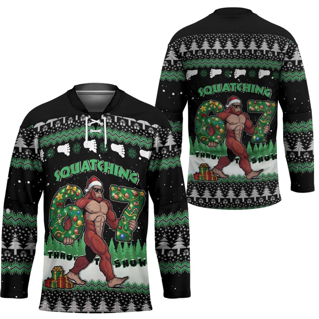 Funny Bigfoot 67 Six Seven Christmas Hockey Jersey Squatching Through The Snow - Wonder Print Shop