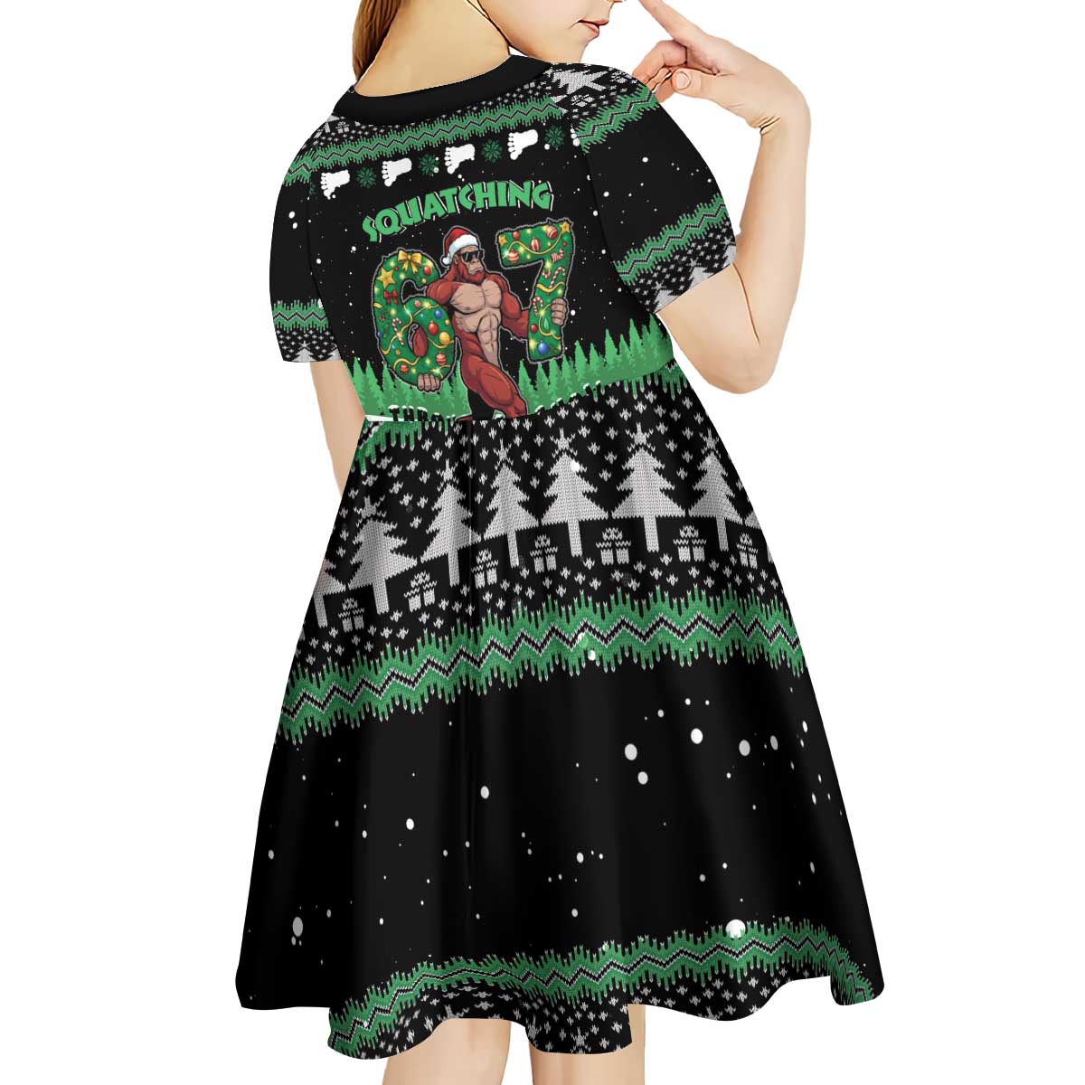 Funny Bigfoot 67 Six Seven Christmas Kid Short Sleeve Dress Squatching Through The Snow - Wonder Print Shop