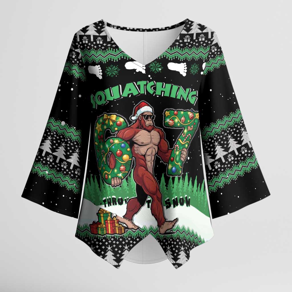 Funny Bigfoot 67 Six Seven Christmas Kimono Sleeve Blouse Squatching Through The Snow - Wonder Print Shop