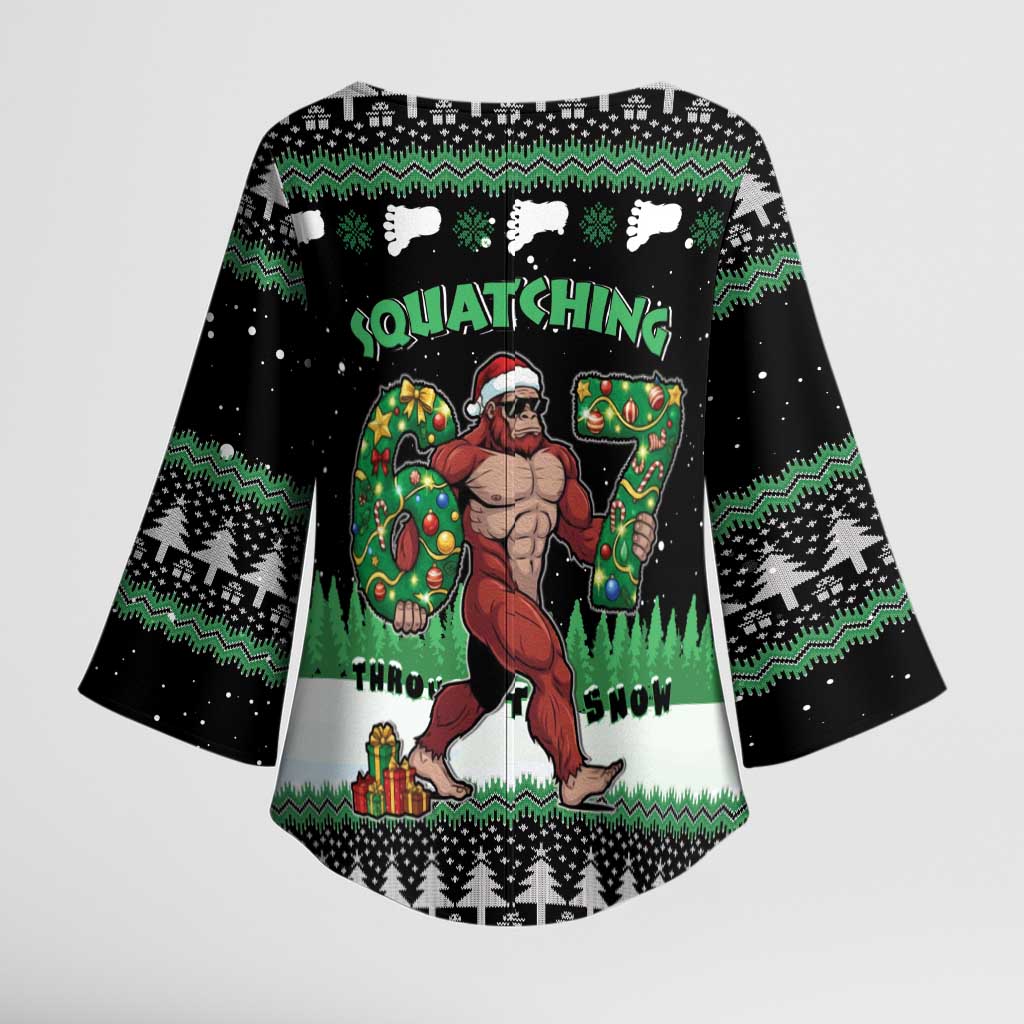 Funny Bigfoot 67 Six Seven Christmas Kimono Sleeve Blouse Squatching Through The Snow - Wonder Print Shop