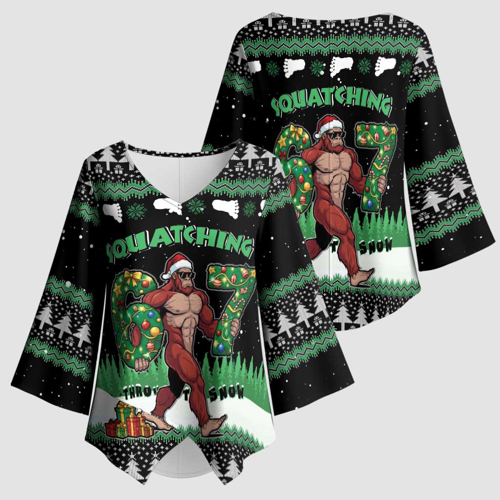 Funny Bigfoot 67 Six Seven Christmas Kimono Sleeve Blouse Squatching Through The Snow - Wonder Print Shop