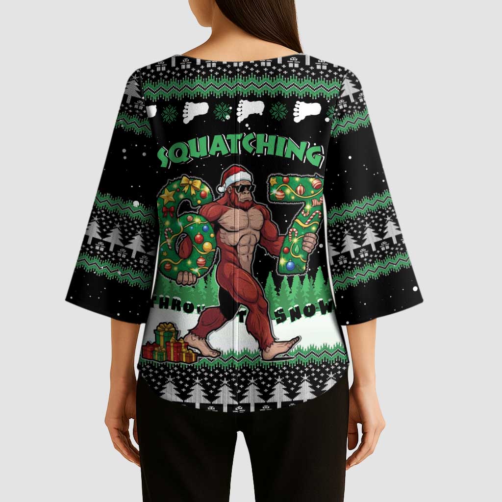Funny Bigfoot 67 Six Seven Christmas Kimono Sleeve Blouse Squatching Through The Snow - Wonder Print Shop
