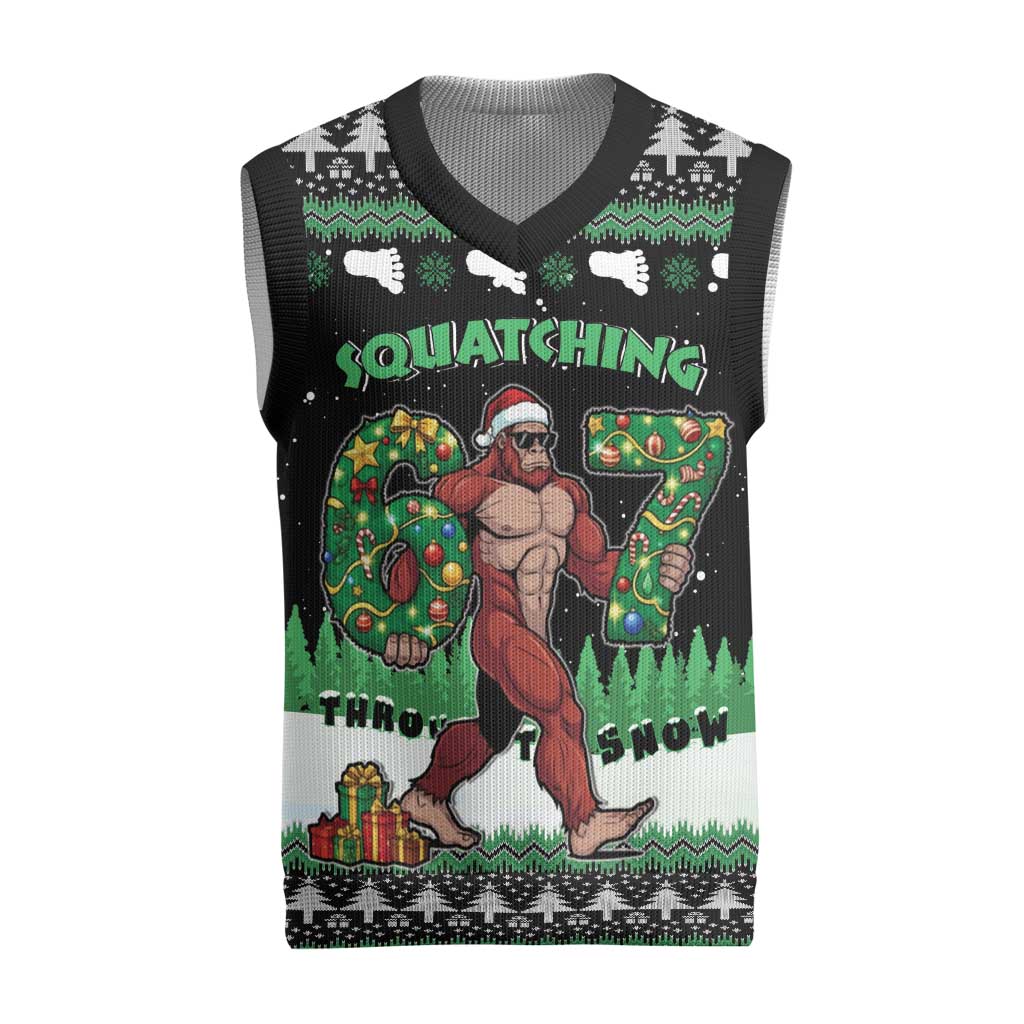 Funny Bigfoot 67 Six Seven Christmas Knitted V-Neck Vest Squatching Through The Snow - Wonder Print Shop