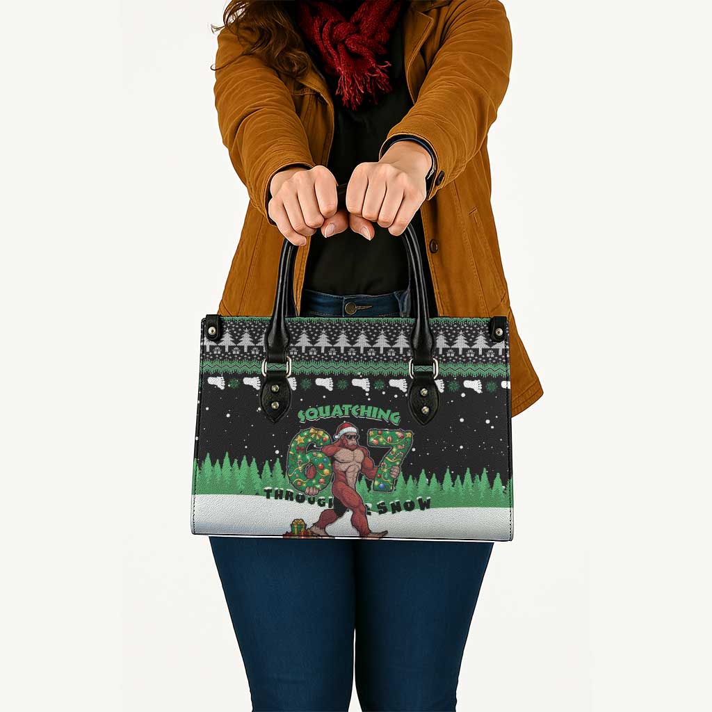 Funny Bigfoot 67 Six Seven Christmas Leather Bag Squatching Through The Snow - Wonder Print Shop